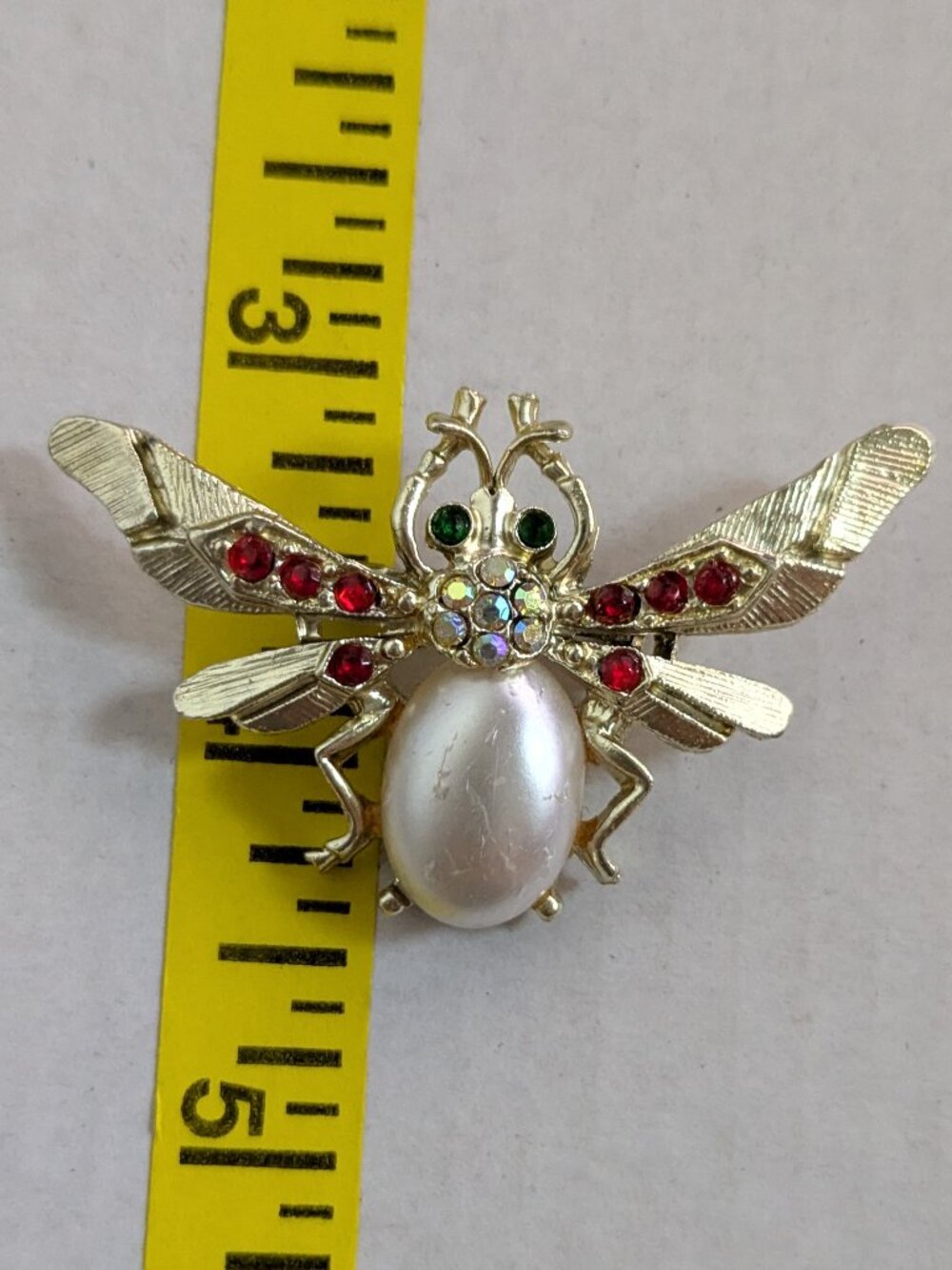 Vintage Gold Tone Rhinestone Insect Moth Faux Pearl Cabochon Brooch Pin